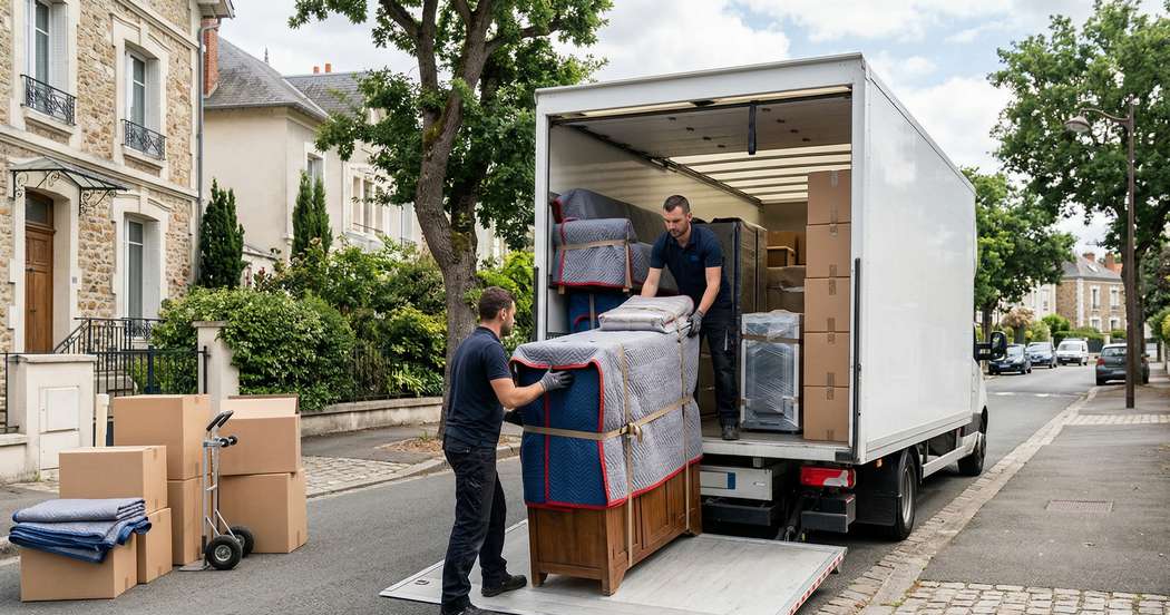 Chargement d'un camion de déménagement avec meubles protégés à Neuilly-sur-Seine