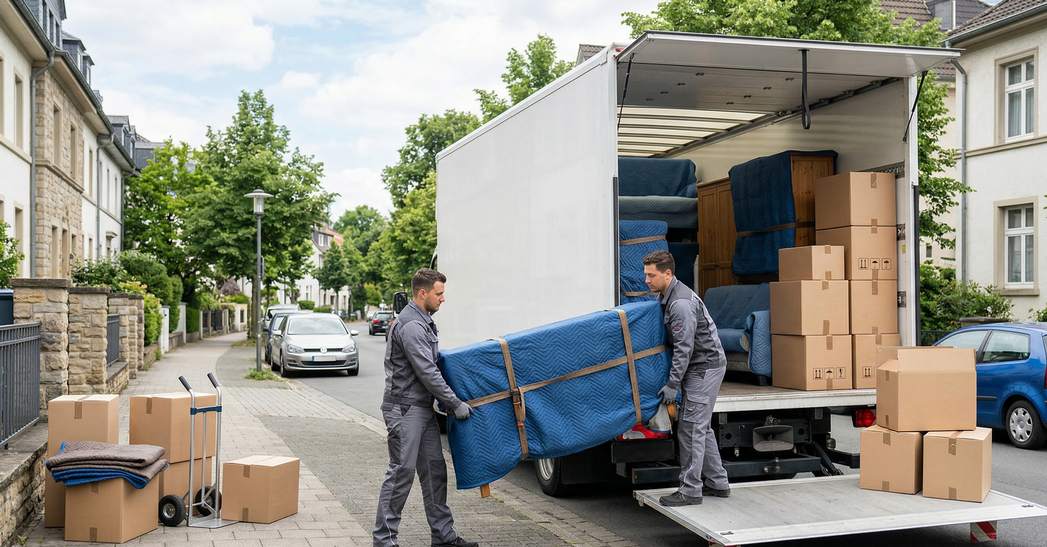 Chargement d'un camion de déménagement avec meubles protégés